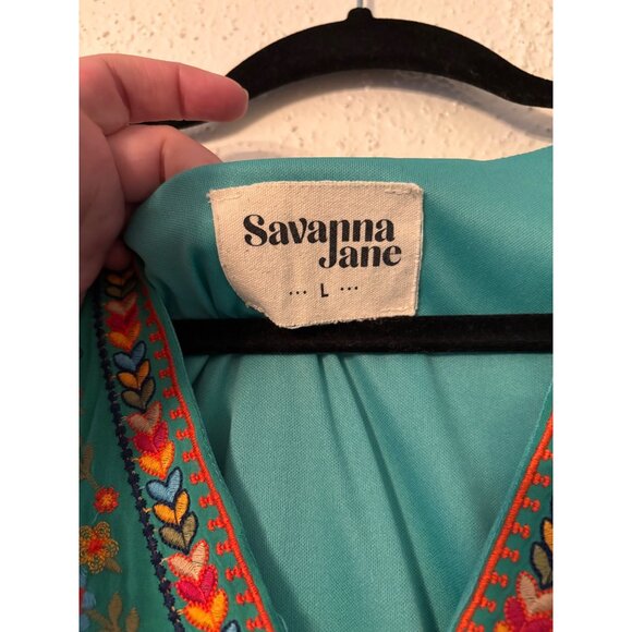 Savanna Jane Womens Embroidered Boho Tunic Dress Green Floral V-Neck  L - Picture 5 of 10
